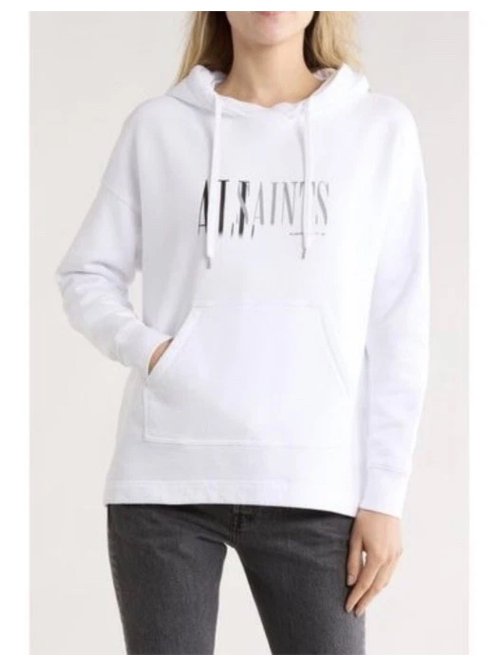 AllSaints Etienne Oversize White Cotton Fleece Kangaroo Hoodie Large